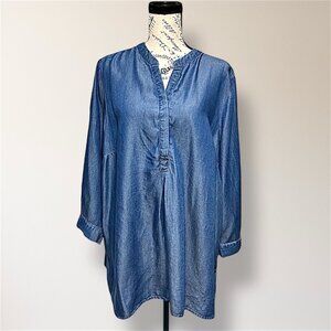 New Studio JPR 1X Blue Chambray Split Neck Tunic Top Long Sleeve Boho Retro Y2K